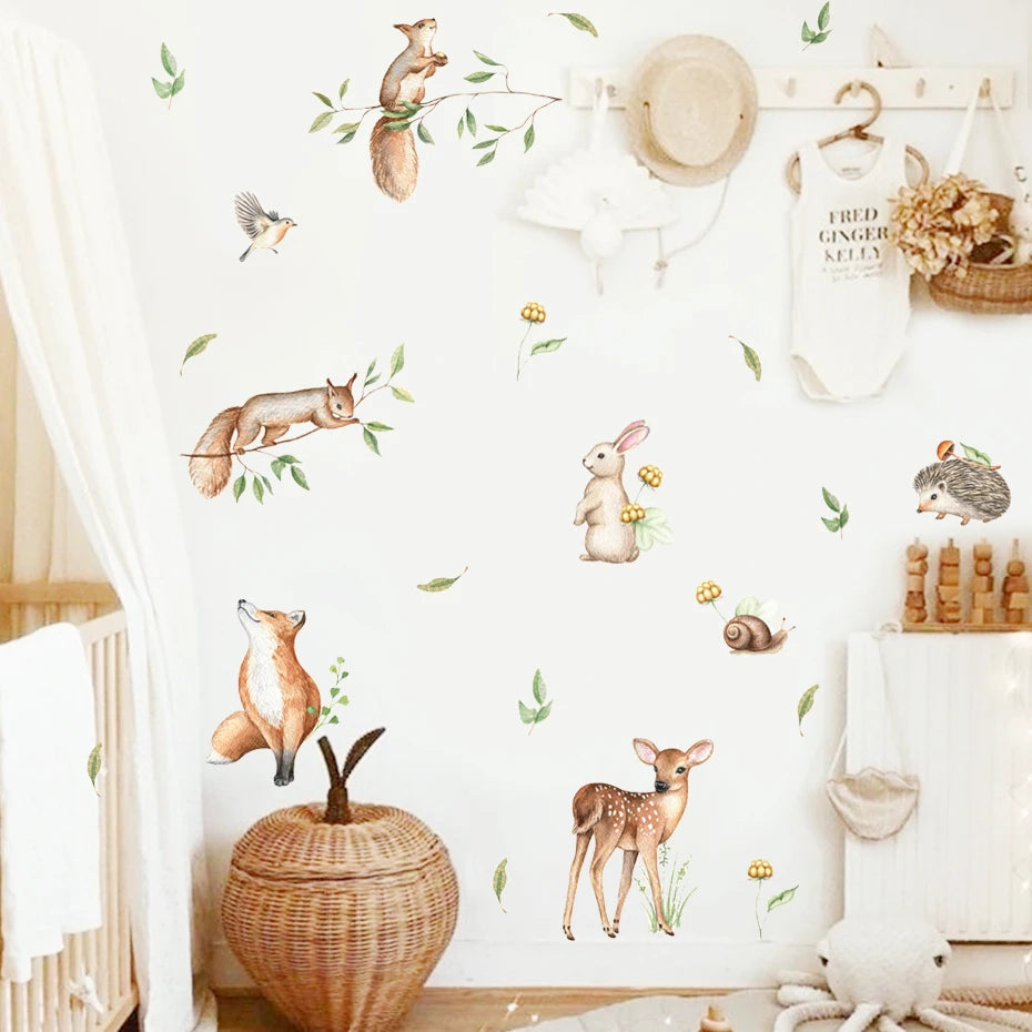 Cute Deer Rabbit Fox Squirrels In The Tree Wall Stickers For Children's Nursery Room Removable Peel & Stick Vinyl Wall Decals Creative DIY Decor