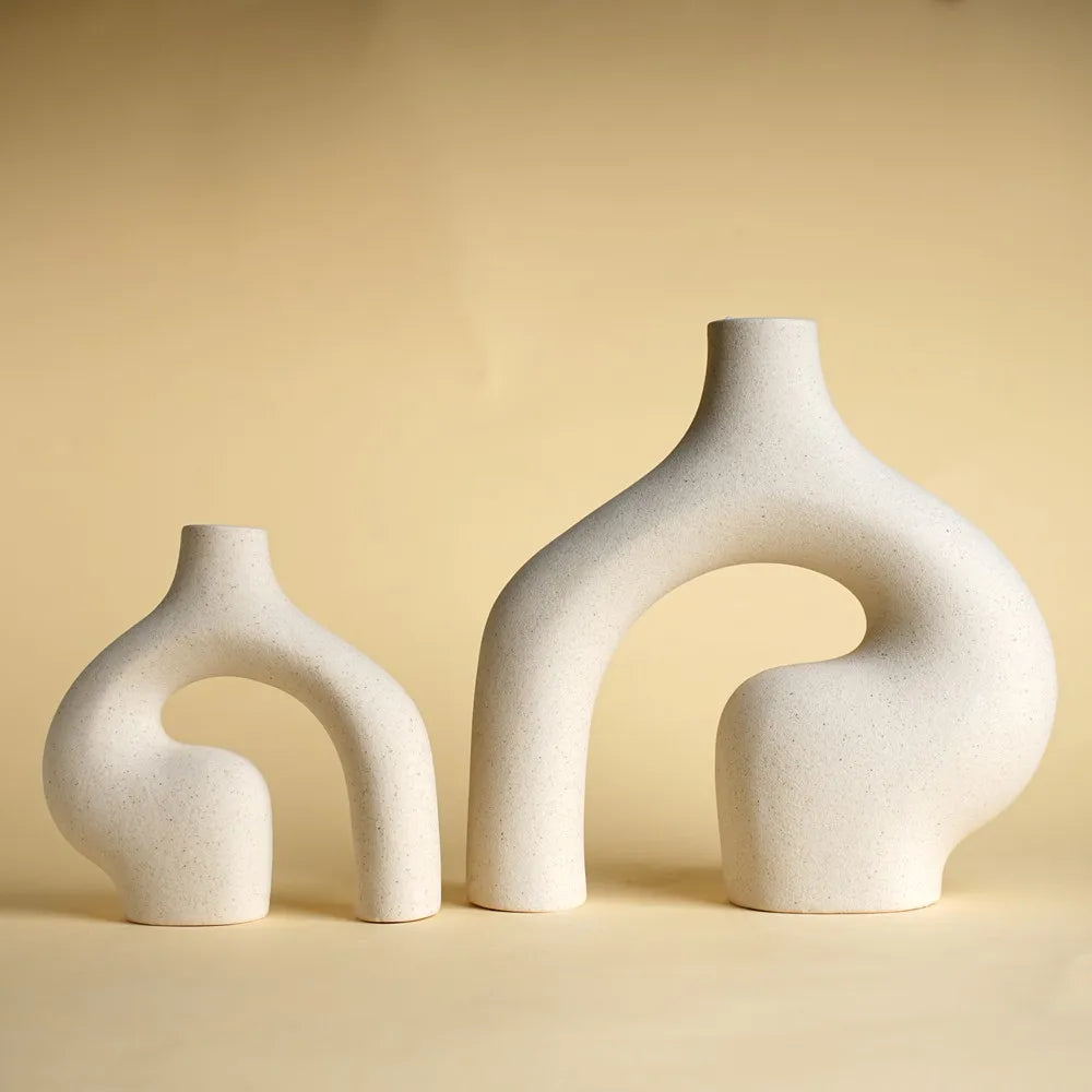 Minimalist Abstract Vase Set Beige White Ceramic Centerpiece Tabletop Vases Modern Decorative Accent For Living Room Dining Room Table