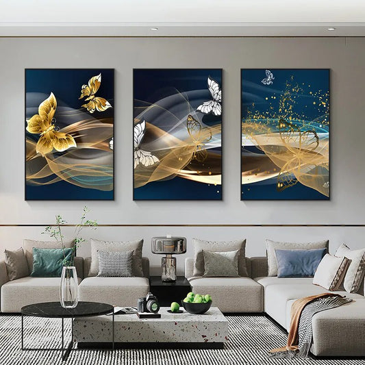 Blue Golden Butterflies Abstract Geometry Wall Art Fine Art Canvas Prints Modern Abstract Auspicious Pictures For Living Room Wall Decor