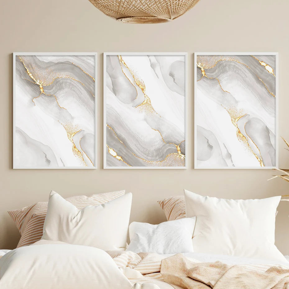 Light Luxury Golden Gray Marble Print Wall Art Fine Art Canvas Prints Posters Abstract Minimalist Pictures For Modern Living Room Decor