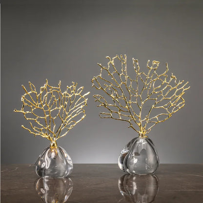 Ocean Themed Faux Coral Resin Ornaments Crystal Tree Glass Vase Decorative Figurines Abstract Art Sculpture For Luxury Living Room Coffee Table Decor