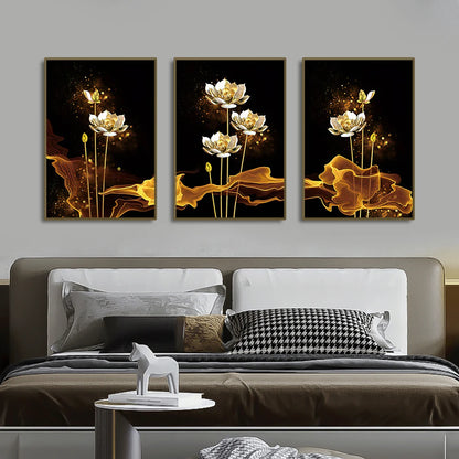 * Featured Sale * White Golden Lotus Exotic Floral Wall Art Fine Art Canvas Prints Exotic Botanic Pictures For Luxury Living Room Dining Room Bedroom Art Decor