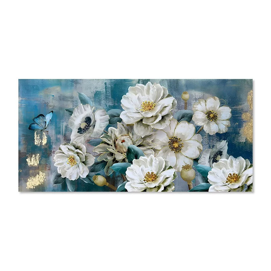 Serene Elegance White Blossoms and Blue Butterflies Canvas Print Wall Art Abstract Floral Picture For Modern Living Room