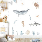 Sea Horse Turtle Whale Wall Ocean Animals Decals Removable PVC Vinyl Wall Sticker For Children's Nursery Room Kid's Playroom Creative Decor