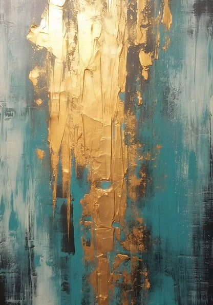 Abstract painting with gold and teal colors