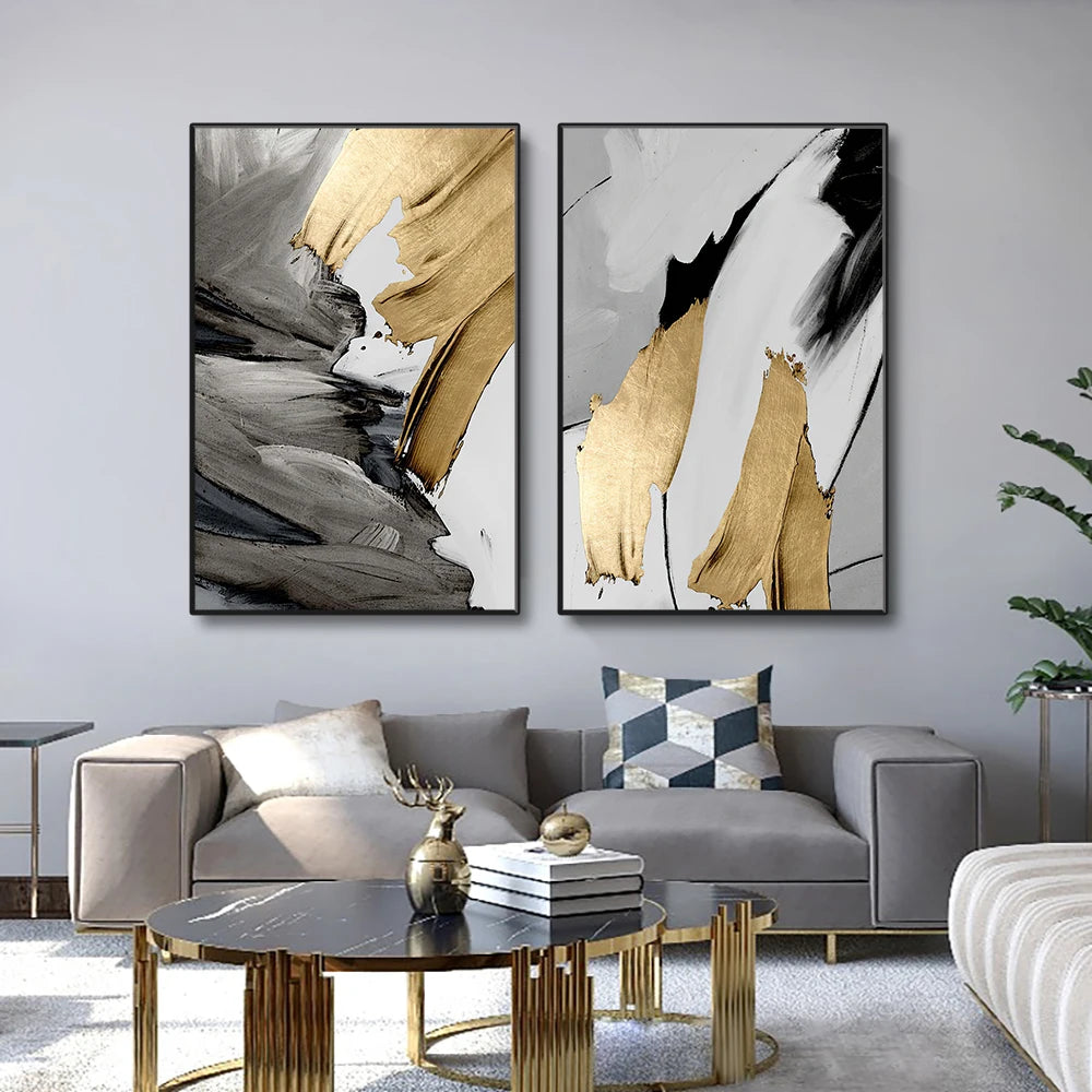 Set of 3 Pcs Thick Brush Grey Golden Abstract Wall Art Fine Art Canvas Prints Pictures For Living Dining Room Modern Art For Contemporary Interiors