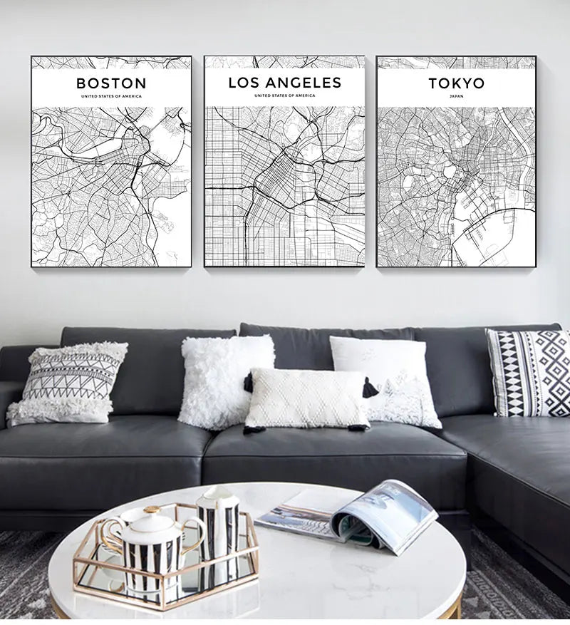 London Paris New York Amsterdam City Map Wall Art Fine Art Canvas Prints Black White Posters Pictures For Living Room Home Office Decor
