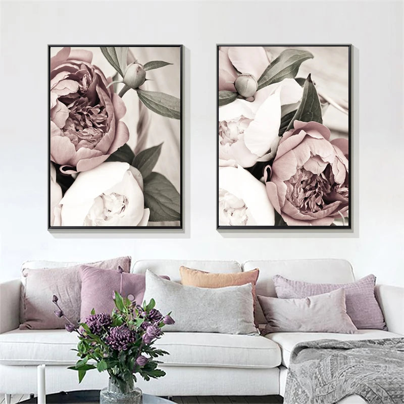Scandinavian Floral Wall Art Fine Art Canvas Prints Neutral Colors Pink Green Beige Nordic Botanical Posters Pictures For Bedroom Living Room Wall Decor