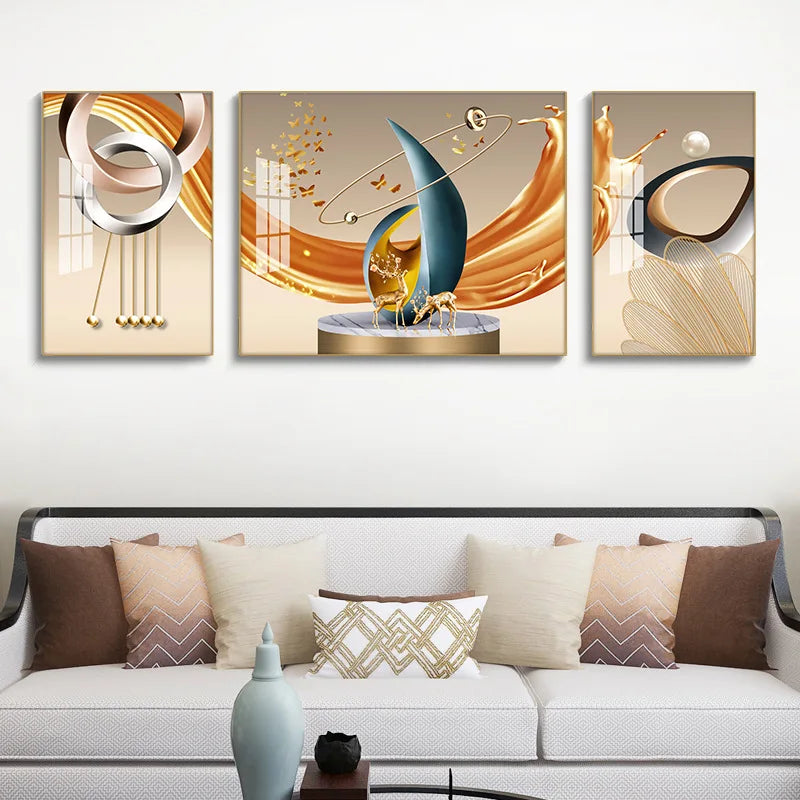 Set of 3Pcs Nordic Abstract Circle Of Light Auspicious Flowing Landscape Wall Art Fine Art Canvas Prints Pictures For Luxury Living Room Dining Room Wall Decor (Triptych, Set of 3)