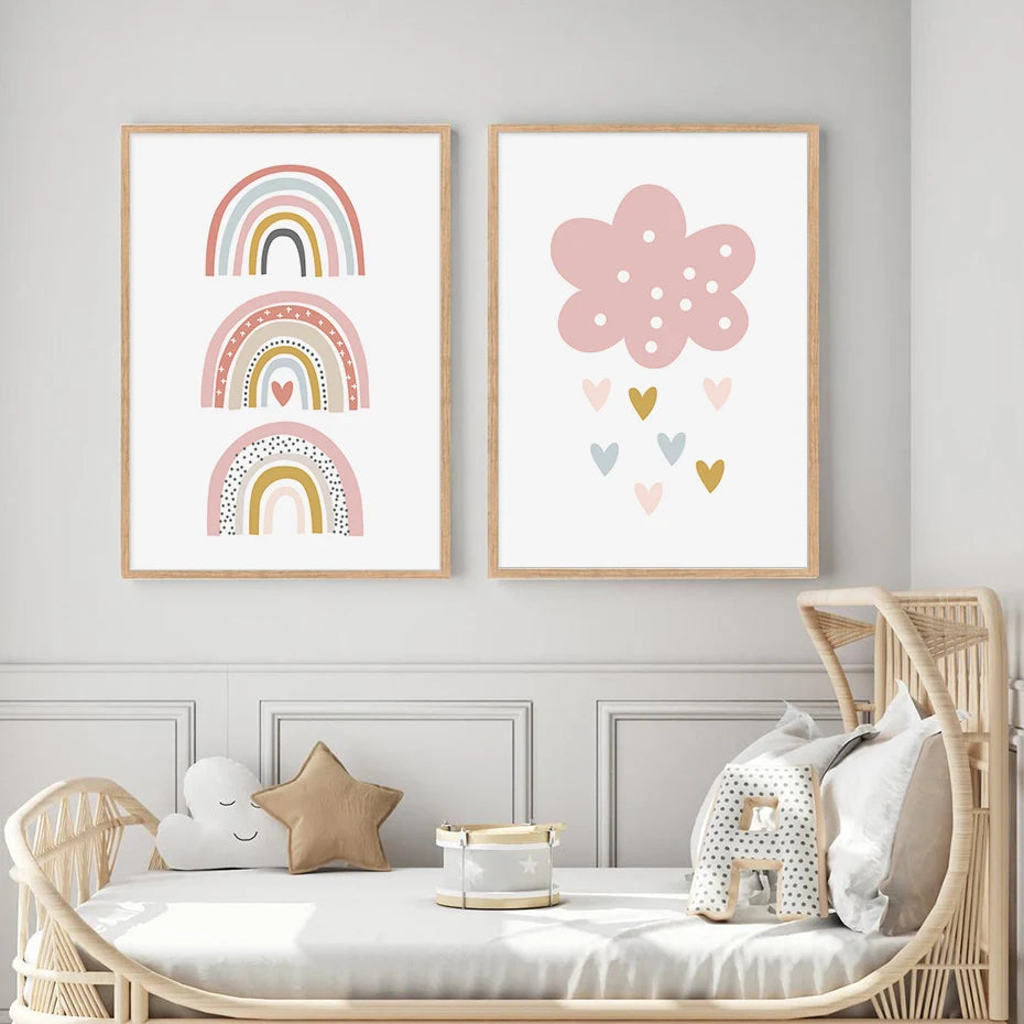 Pink Rainbow Cloud Love Hearts Personalized Baby's Name Wall Art Posters Fine Art Canvas Prints For Nursery Room Children's Bedroom Decor