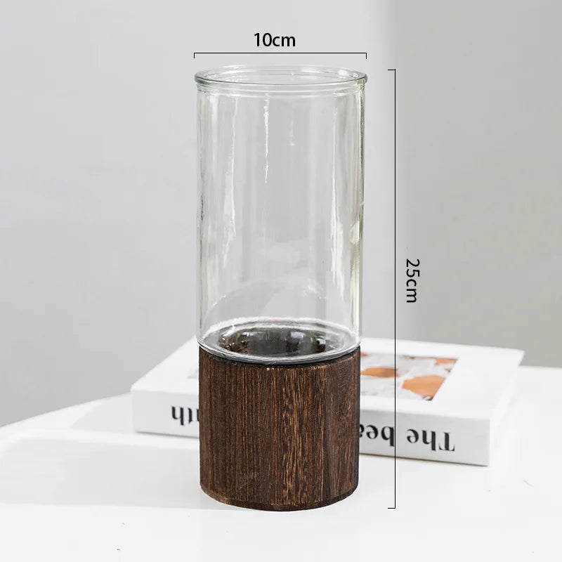 Nordic Glass Vase Cylindrical Design With Wooden Base For Kitchen Hydroponics Dining Room Table Floral Arrangements For Modern Interiors