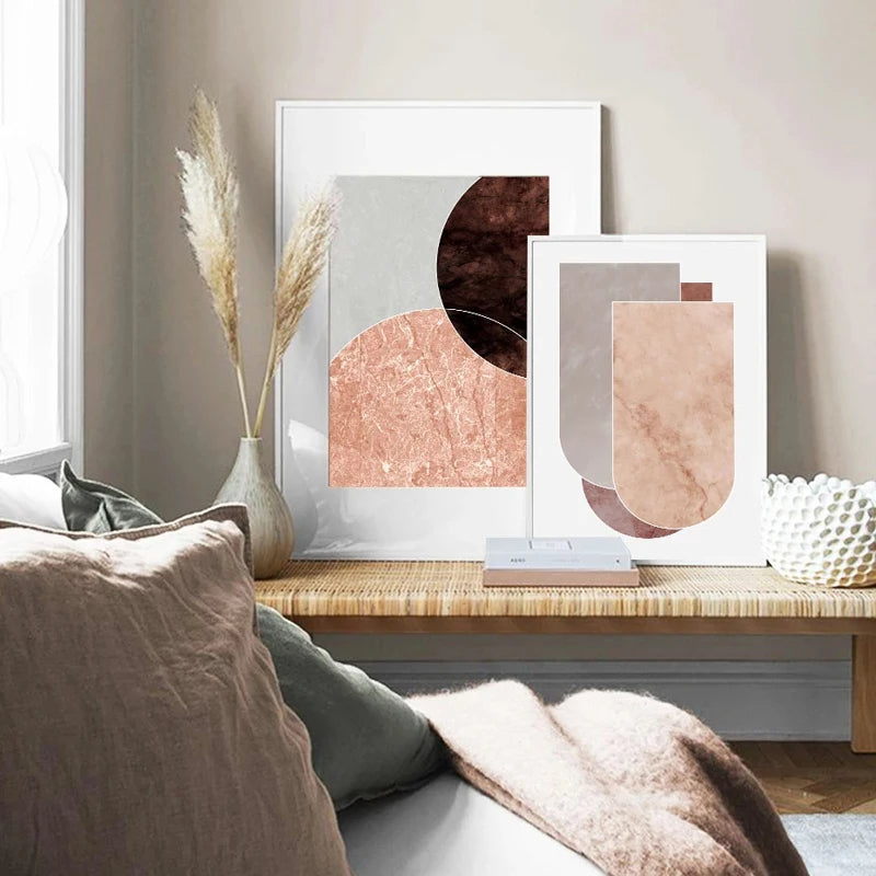 Scandinavian Abstract Grey Pink Granite Stone Wall Art Fine Art Canvas Prints Pictures For Modern Apartment Living Room Bedroom Art Decor