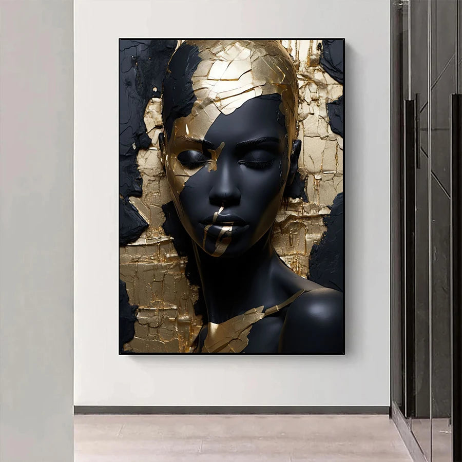 Modern Abstract Black Golden Woman Portrait Wall Art Fine Art Canvas Print Pictures For Entrance Foyer Reception Hallway Light Luxury Home Decor