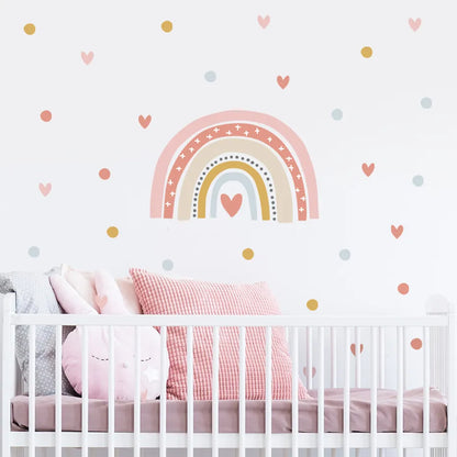 Cute Pink Rainbow Love Hearts Nursery Wall Stickers Removable Self Adhesive PVC Wall Stickers Baby Girl's Room Creative DIY Home Decor