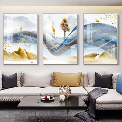 Set of 3Pcs Abstract Flowing Landscape Wall Art Fine Art Canvas Prints Auspicious Pictures For Living Room Home Office