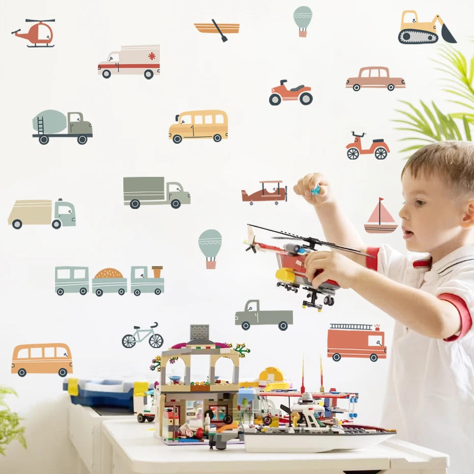 Cute Cartoon Trucks Buses & Cars Wall Stickers For Boy's Room Removable Peel & Stick PVC Wall Decals For Creative DIY Nursery Home Decor