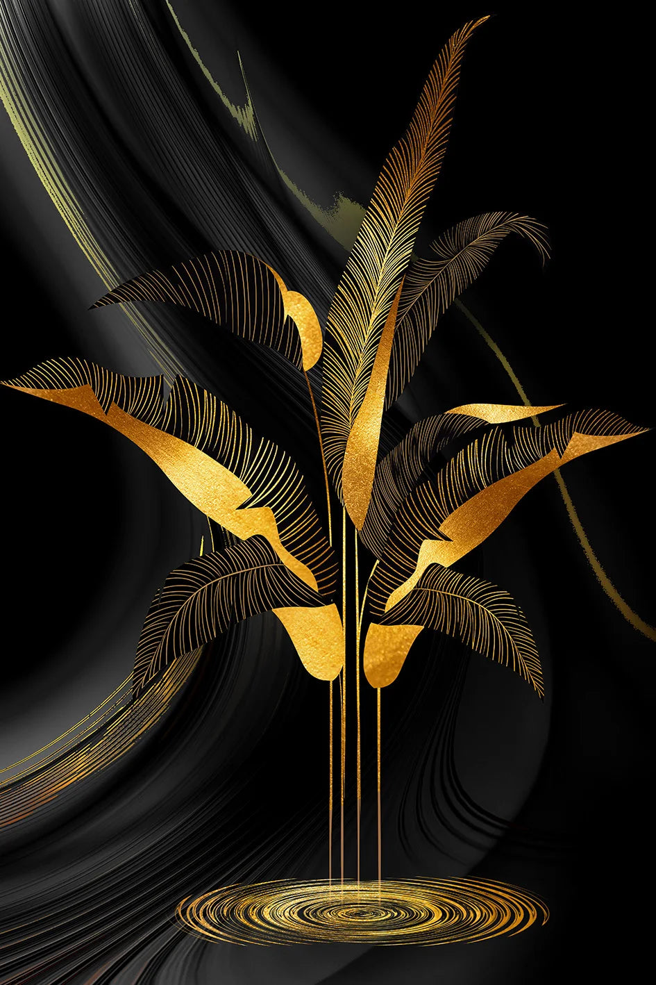 * Featured Sale * Exotic Tropical Botanical Black Golden Leaves Wall Art Fine Art Canvas Prints Pictures For Luxury Living Room Bedroom Boutique Hotel Decor