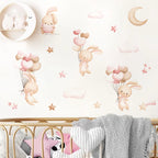 Pink Bunny Balloons Moon & Stars Wall Stickers For Kid's Room Removable Peel & Stick PVC Wall Decals For Creative DIY Children's Nursery Decor