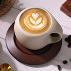 Sculptural Beige Ceramic Coffee Cup with Oversized Circular Handle – Modern Minimalist Mug & Saucer Set for Stylish Home Café Décor