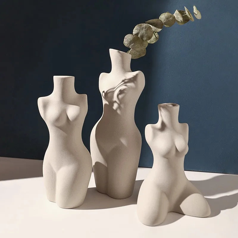 Sculptured Feminine Body-Form Abstract Vase – Modern Minimalist Off-White Ceramic Vases for Contemporary Living Room, Bedroom Décor