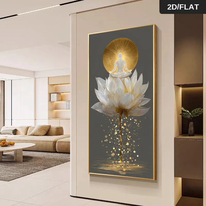 Golden Lotus Meditation Canvas Wall Art Fine Art Canvas Print – Radiant Spiritual Enlightenment Design for Modern Home Decor