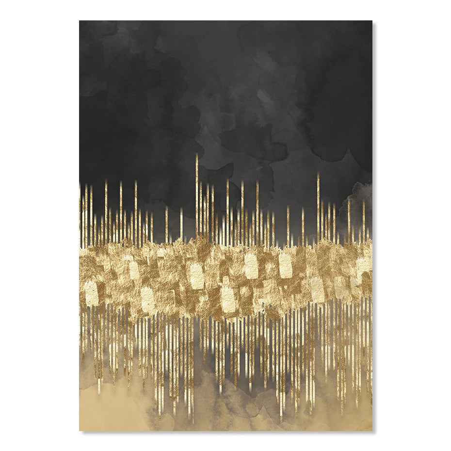 Abstract Golden Cityscape On Black Watercolor Canvas Print Wall Art Light Luxury Pictures For Living Room Bedroom Home Office Decor