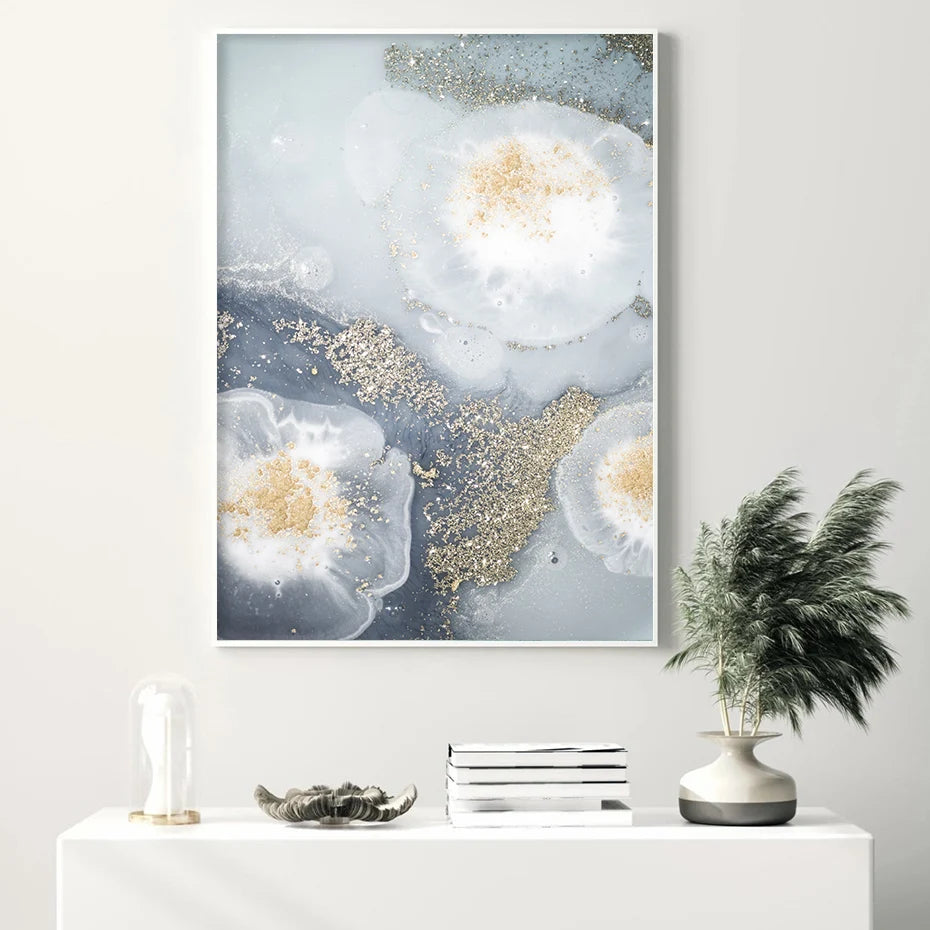 Blue White Golden Abstract Floral Wall Art Fine Art Canvas Prints Poster Picture For Modern Living Room Bedroom Nordic Home Decor