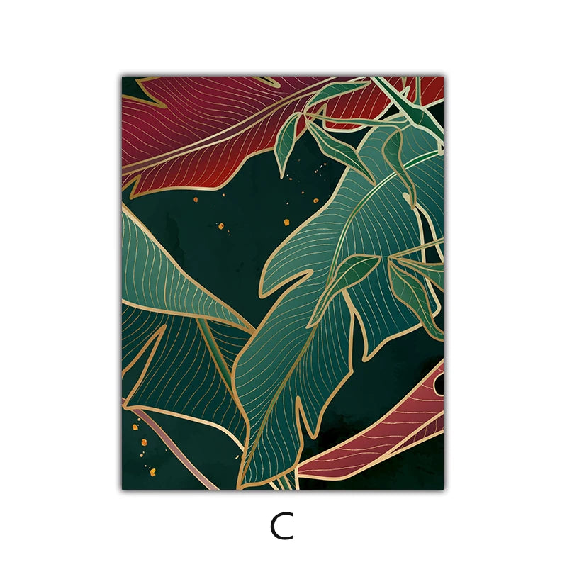 Modern Abstract Tropical Botany Wall Art Fine Art Canvas Prints Red Green Palm Leaves Posters Pictures For Living Room Hotel Room Decor