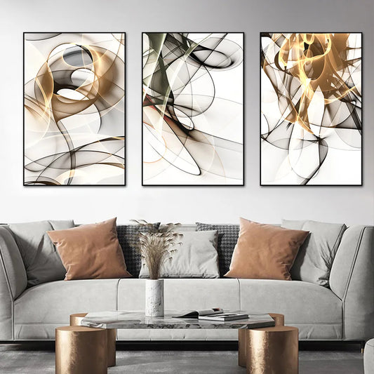 * Featured Sale * Abstract Swirling Flowing Lines Wall Art Fine Art Canvas Prints Gray Black Yellow Pictures For Modern Apartment Home Office Decor
