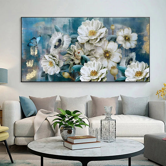 Serene Elegance White Blossoms and Blue Butterflies Canvas Print Wall Art Abstract Floral Picture For Modern Living Room