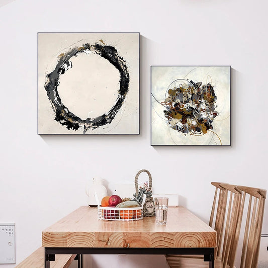 Neutral Color Abstract Circle Splash Wall Art Fine Art Canvas Prints Gray Brown Beige Square Format Pictures For Living Room Bedroom Dining Room Decor