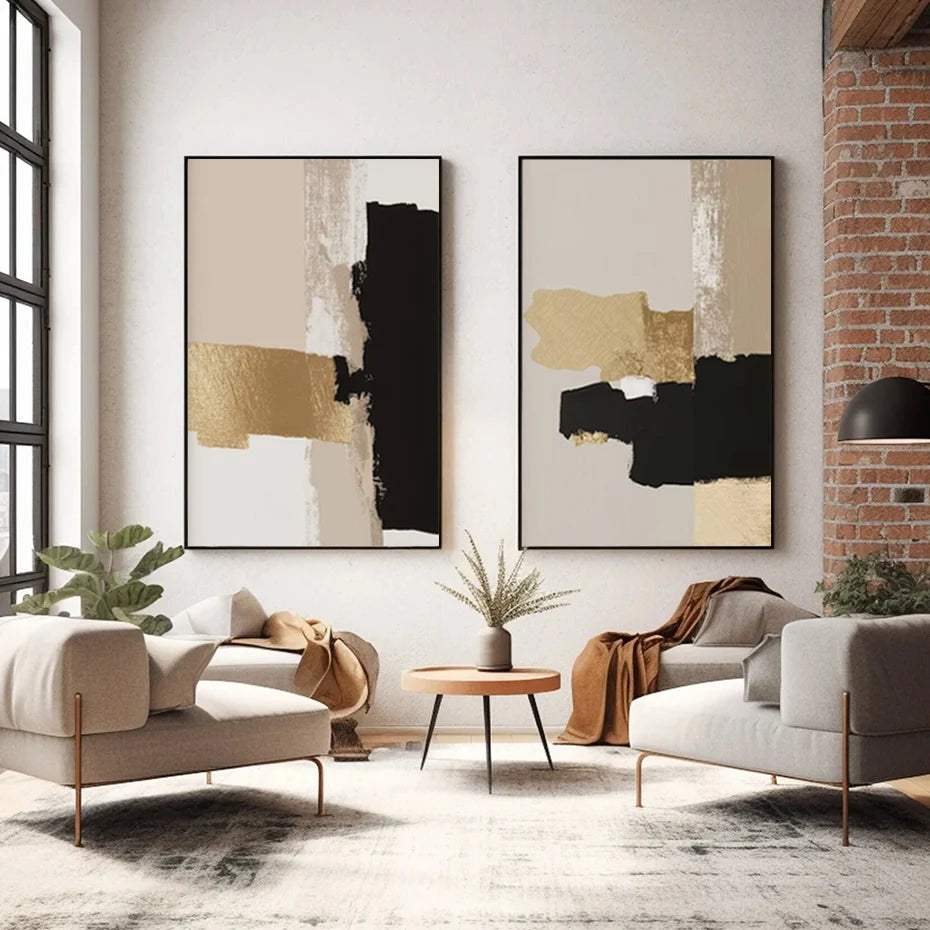 Black Beige Golden Color Block Abstract Wall Art Fine Art Canvas Prints Modern Pictures For Living Room Bedroom Contemporary Interior Decor