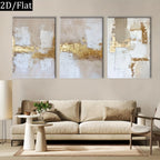 Set of 3Pcs Neutral Abstract Wall Art Set White Beige & Golden Brushstroke Triptych – Large Canvas Prints for Contemporary Living Room Décor