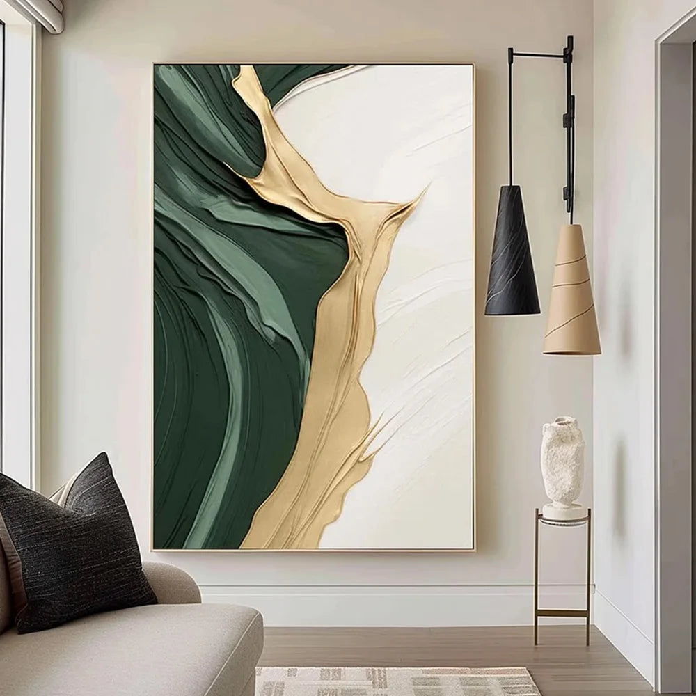 Large Format Abstract Wall Art Fine Art Canvas Prints Green Beige Golden Flowing Textural Design Pictures For Modern Apartment Living Room Foyer Art Decor