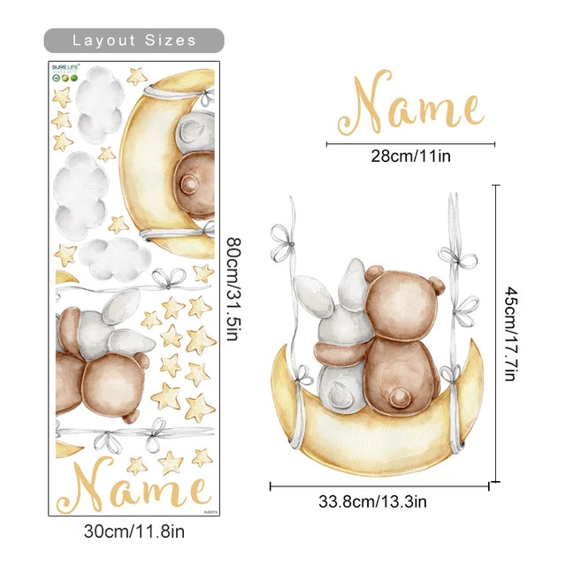 Personalized Bear Balloons Baby's Name Wall Decals For Nursery Room Removable Peel & Stick PVC Wall Stickers For Creative DIY Home Decor 