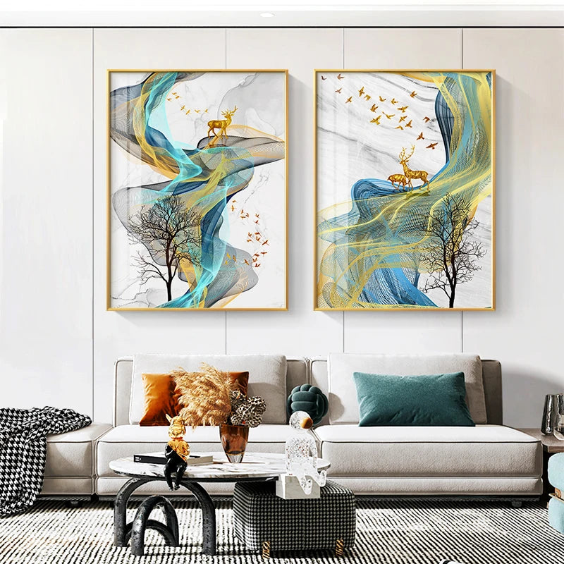 Golden Deer Auspicious Abstract Landscape Wall Art Fine Art Canvas Pri ...