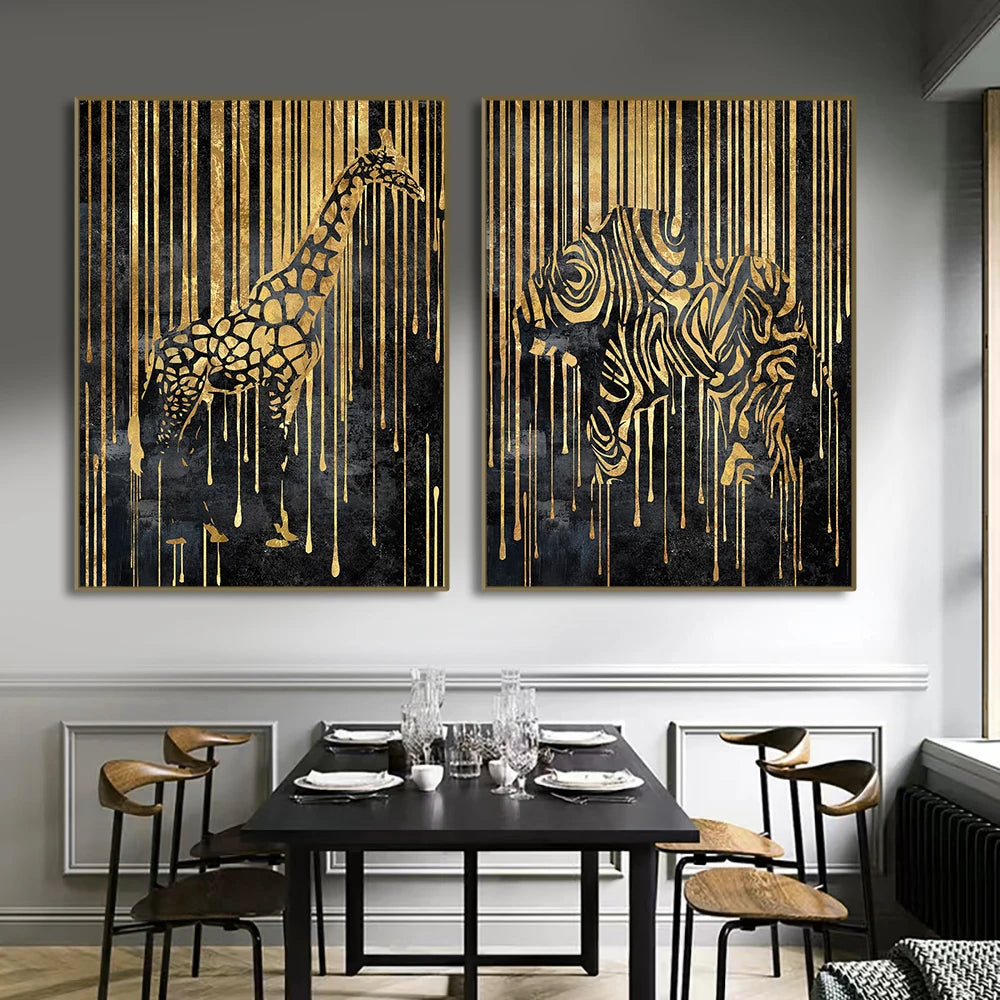 Modern Abstract Golden Zebra Lines Lion Elephant Tiger Wall Art Fine Art Canvas Prints Pictures For Luxury Apartment Living Room Dining Room Art Decor