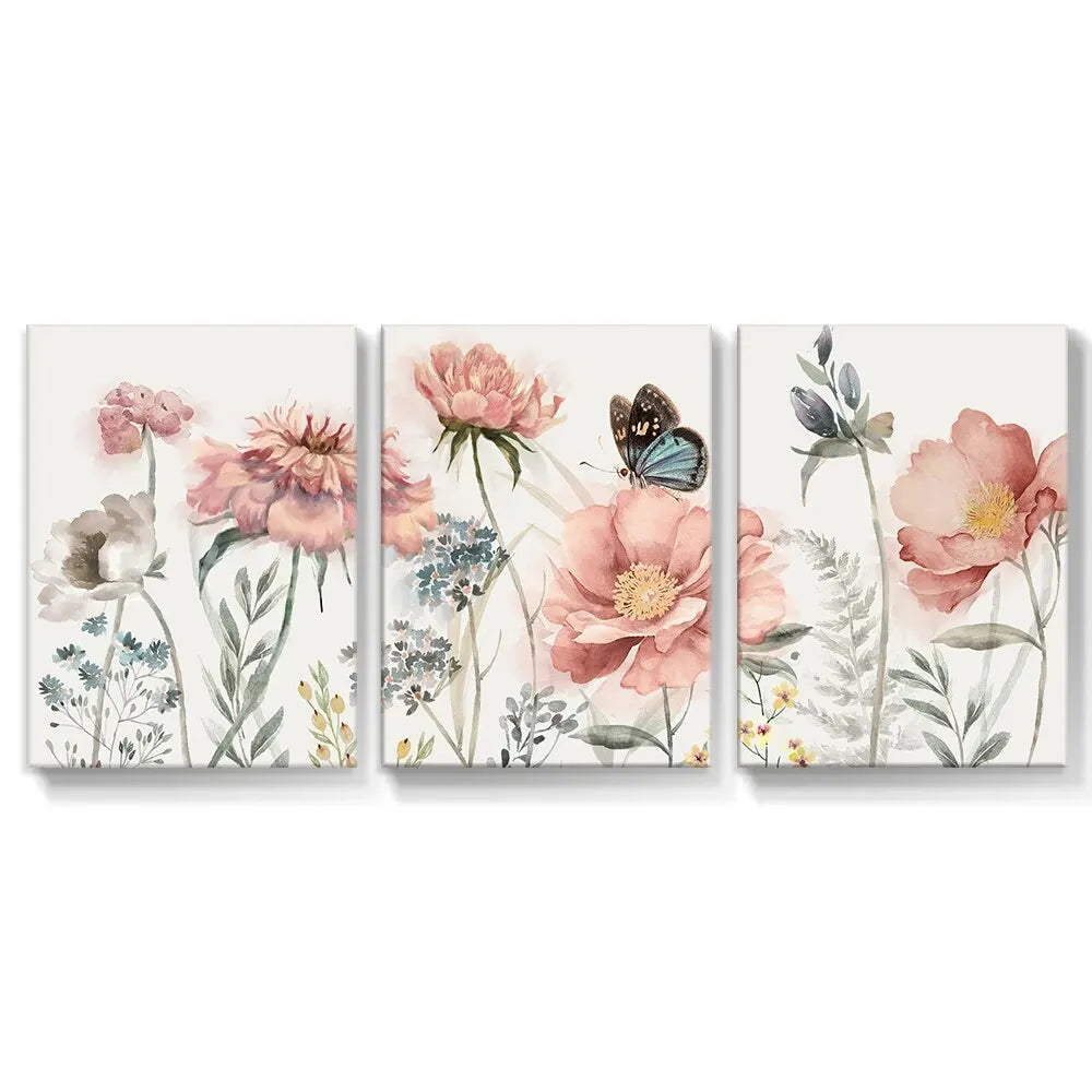 Set of three floral canvas prints with pink flowers and a butterfly on a white background