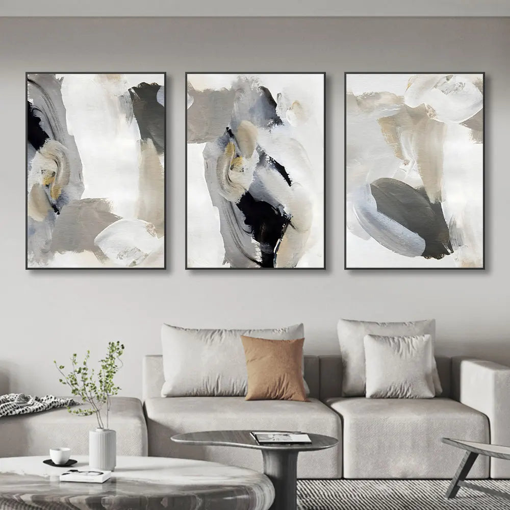 * Featured Sale * Abstract Brush Strokes Black White & Gray Wall Art Fine Art Canvas Prints Nordic Pictures For Modern Apartment Wall Decor