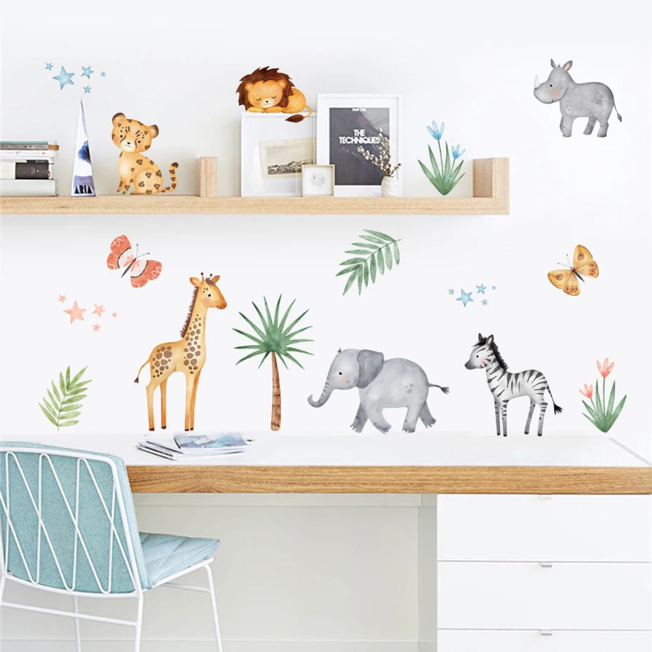 Cartoon Jungle Animals Nursery Wall Stickers Hippo Lion Zebra Giraffe Removable Peel & Stick Vinyl Wall Decals For Creative Kid's Room Decor