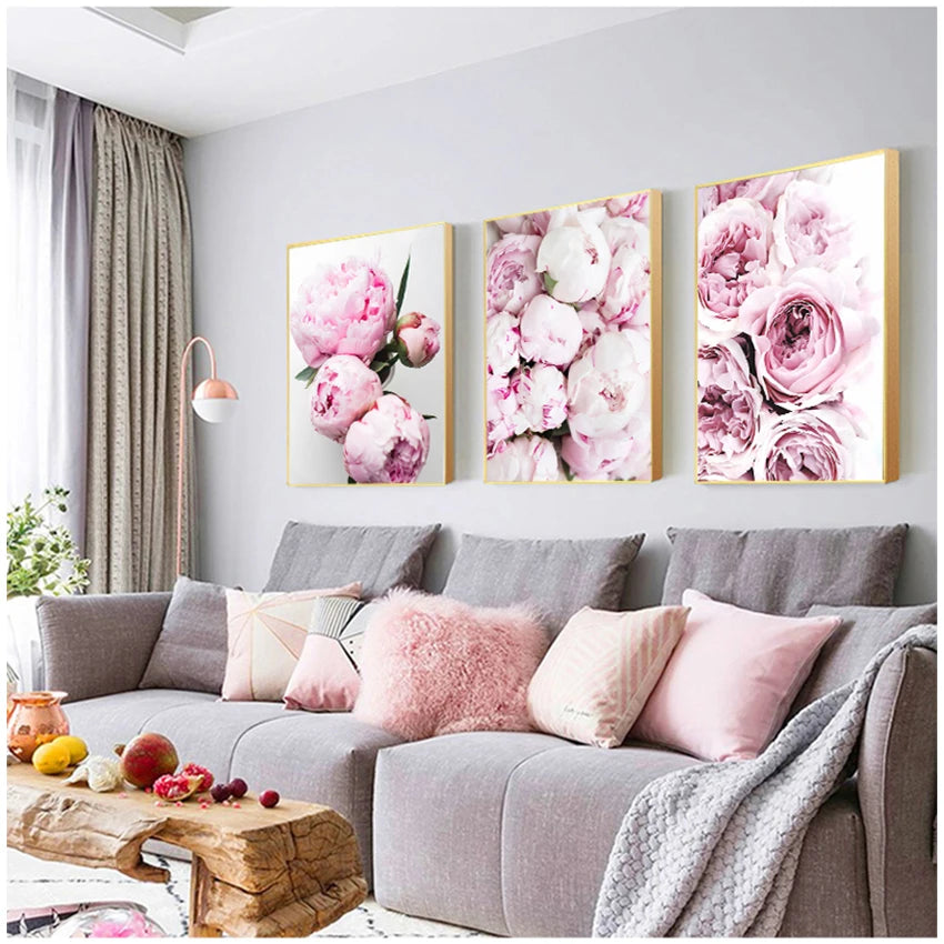 Minimalist Floral Pink & White Peonies Wall Art Fine Art Canvas Prints Pictures For Modern Living Room Bedroom Boutique Salon Home Decoration