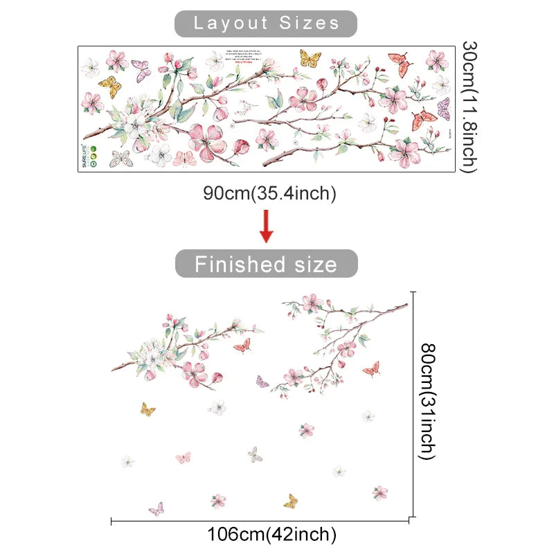 Pink Flower Butterfly Tree Branch Wall Mural Sticker Removable Peel & Stick PVC Wall Decal For Kid's Nursery Room Creative DIY Home Decoration