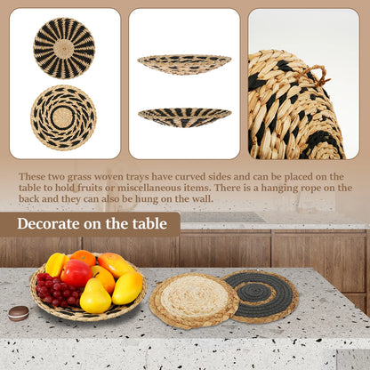 Set of 7Pcs Round Woven Wicker Wall Art Rustic Coffee Table Mat Multi-Purpose Decorative Display Pieces For Living Room Dining Room Nordic Home Decor