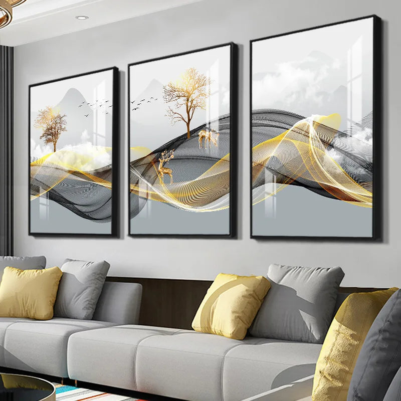 Set of 3Pcs Abstract Flowing Landscape Wall Art Fine Art Canvas Prints Auspicious Pictures For Living Room Home Office