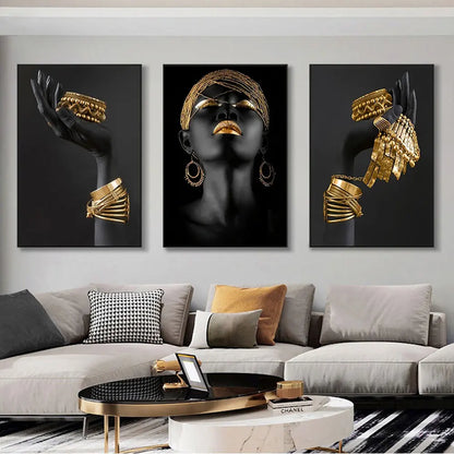 * Featured Sale * Set of 3Pcs Black Golden Woman Portrait Wall Art Fine Art Canvas Prints Pictures For Luxury Living Room Dining Room Home Office Decor