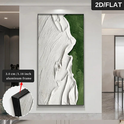 FRAMED Abstract Green White Organic Textural Concept Wall Art - Big Sizes Canvas Prints + Slim Bezel Black Metal Frame
