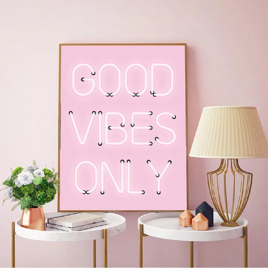 Good Vibes Only Neon Pink Poster Wall Art Fine Art Canvas Prints Positivity Picture For Living Room Girl's Bedroom Salon Art Decor
