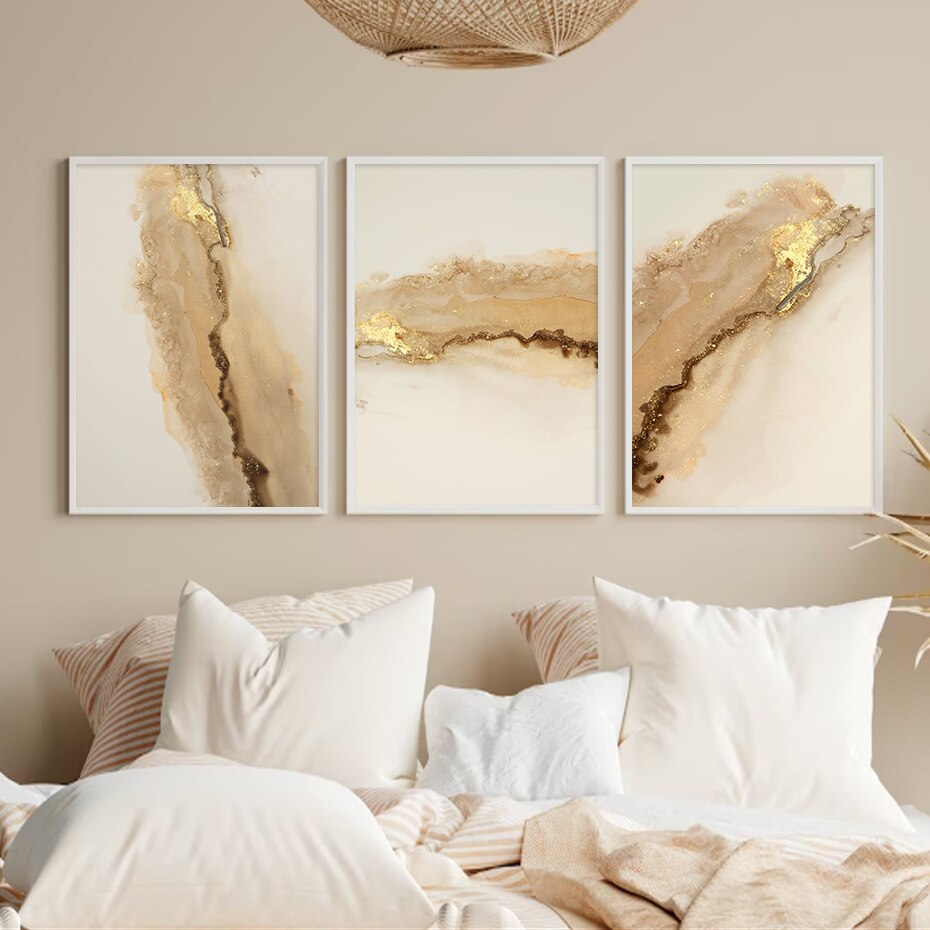 Modern Abstract Liquid Beige Golden Liquid Marble Wall Art Fine Art Canvas Prints Pictures For Luxury Living Room Chic Bedroom Art Decor