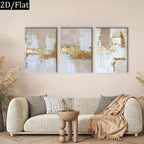 Three-piece abstract canvas wall art set with gold and white brushstrokes, displayed on a beige wall above a modern beige sofa with decorative pillows and a throw blanket.