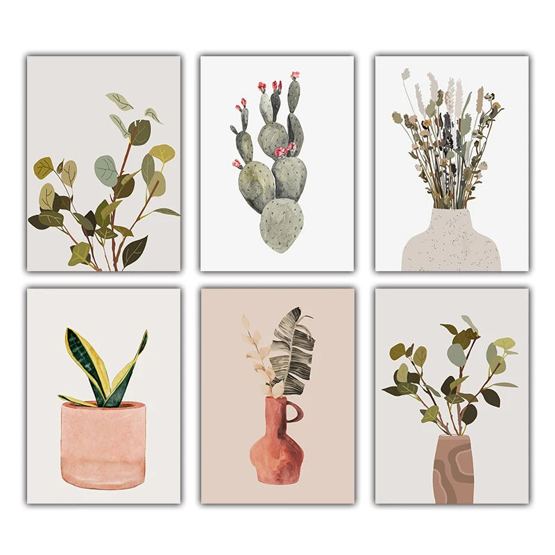 Minimalist Watercolor Cactus Potted Plant Green Leaves Wall Art Fine Art Canvas Prints Pictures For Dining Room Living Room Art Decor